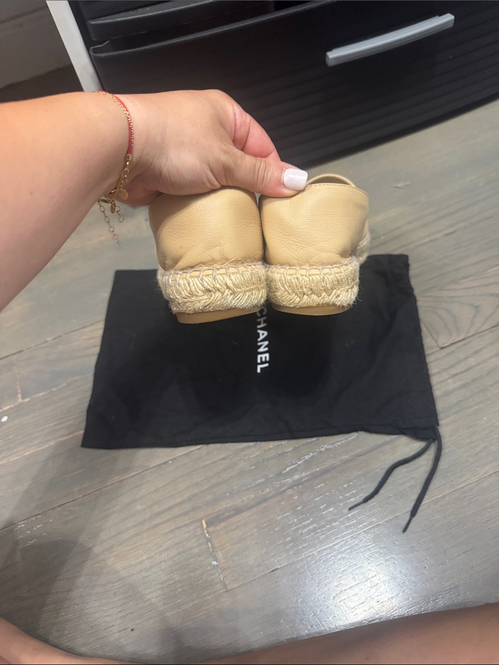 CHANEL Beige Leather Espadrille Flats with Black Cap Toe - Picture 6 of 8